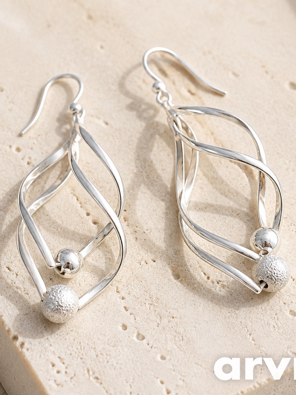 Silver Twisted Drop Earrings with Bead Accent -